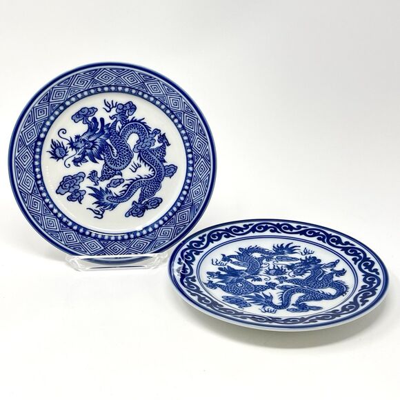 Vintage Bombay Company Blue White Dragon Salad Side Dessert Plates 8” Set Of 2 - Picture 1 of 6